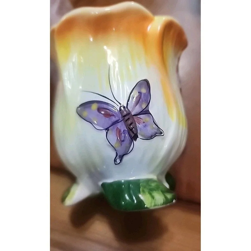Vintage Butterfly Handpainted Small Bud Vase Planter Footed Colorful 3 1/2 X 3
